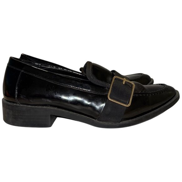ZARA Vegan Patent Leather Loafers 38 7.5 Low Heel Buckle Detail Goth Preppy Faux - Picture 12 of 16